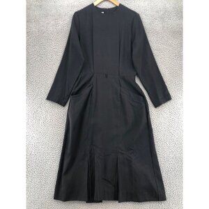 Vintage Jerrie Lurie Dress Women 12 Black Sheath Long Sleeve Modest Midi Pocket*